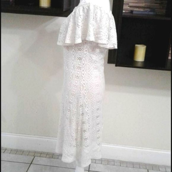 S-Twelve Boho Chic Romantic Bridal Off White Laced Ruffled Midi Dress - Picture 5 of 8